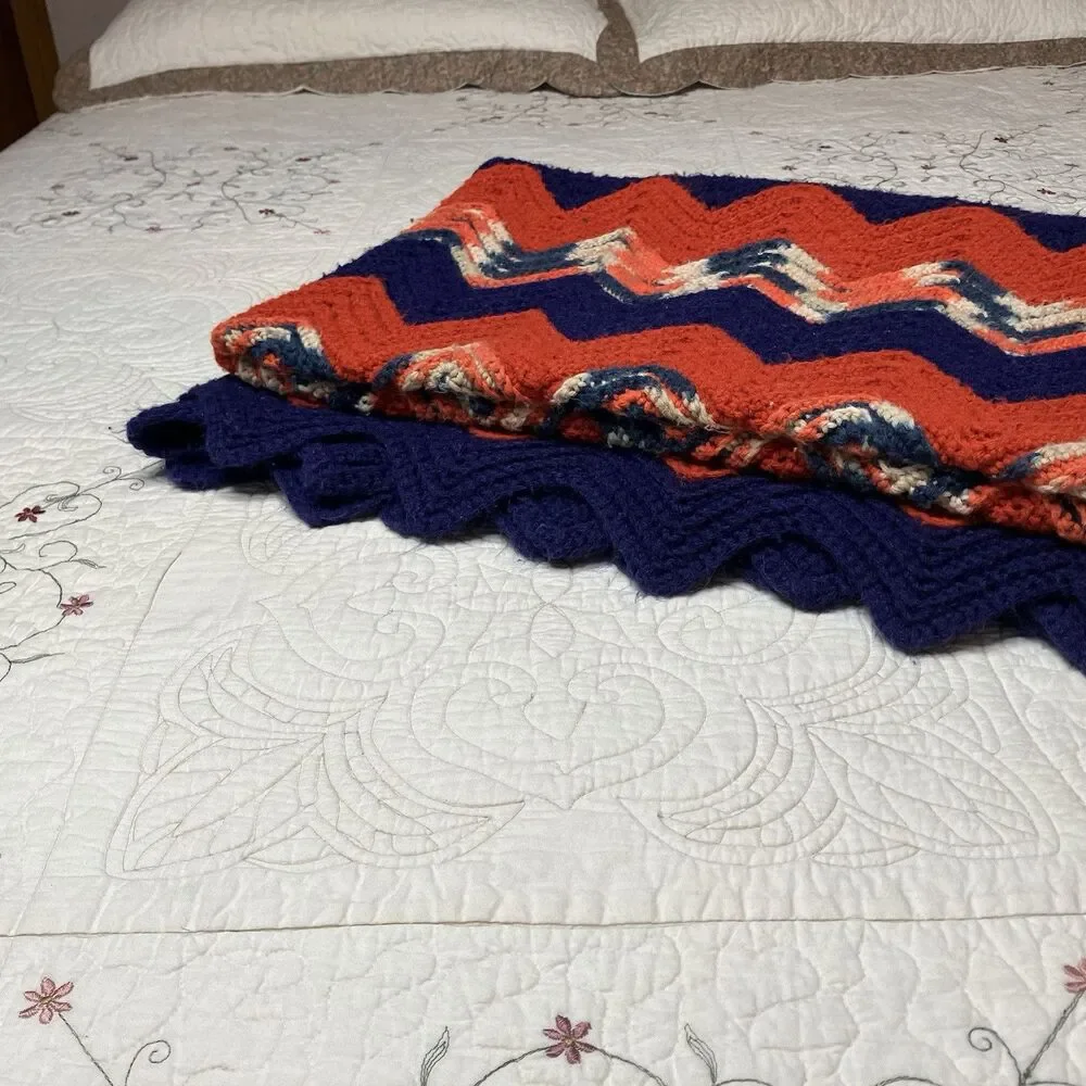 Vtg Handmade Crochet Afghan Throw Zig Zag Chevron Approx 50X65 Blue Orange Bears